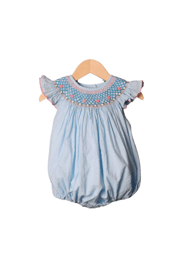 Smocked Heirloom Blue Swiss Dot Bubble | The Smocked Flamingo