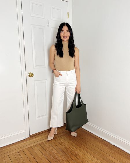 Beige sleeveless sweater (XS)
White jeans  (4P)
White wide leg jeans
Olive green tote bag 
Cuyana system tote
Beige suede pumps 
Business casual outfit 
Smart casual outfit 
Spring work outfit 
Neutral outfit 
Ann Taylor outfit

#LTKfindsunder100 #LTKworkwear #LTKSeasonal