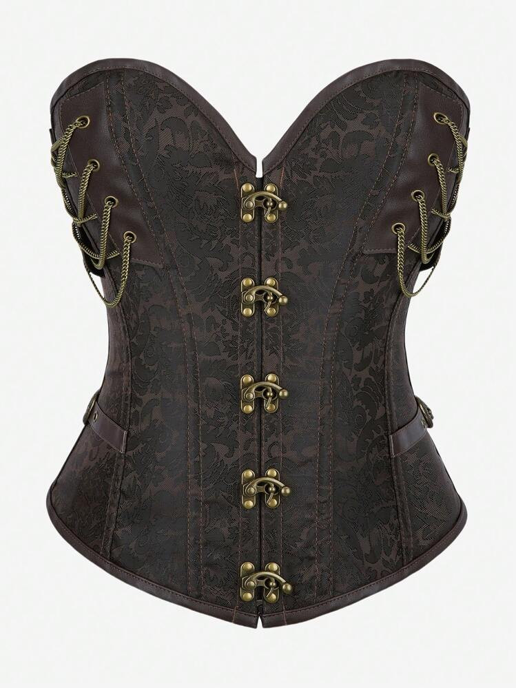 Gothic Corset Steampunk Punk Chain Buckle Retro Masquerade Costume Bustier Top For Women, Brown, Halloween | SHEIN