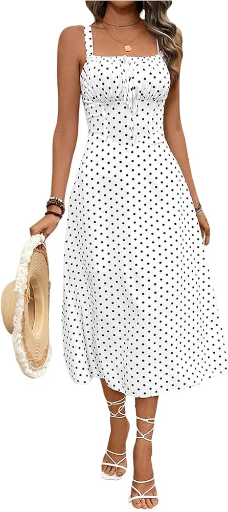 Floerns Women's Polka Dots Square Neck Tank Dress Ruched Bust Knot A Line Midi Dresses | Amazon (US)