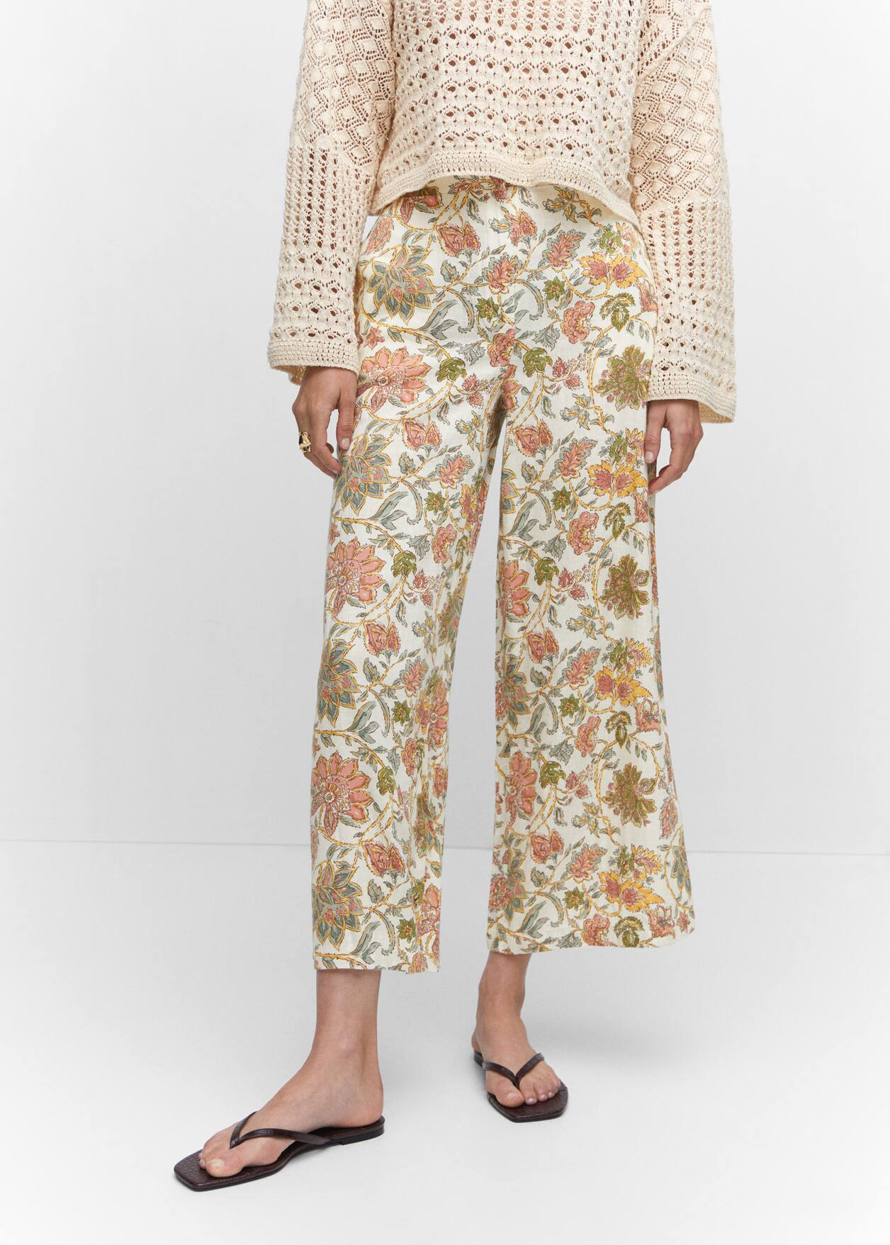 Linen floral culotte pants -  Women | Mango USA | MANGO (US)