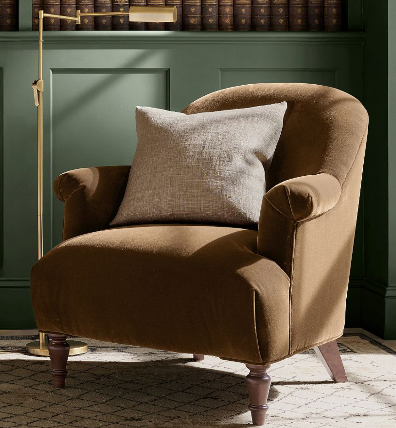 Velvet sitting chair
Roll arm.
Fixed, cylindrical, rubberwood legs are finished in Brown.
Standard cushions have a polyester-wrapped core for a firmer feel and a more supportive sit. 

 #LTKHome