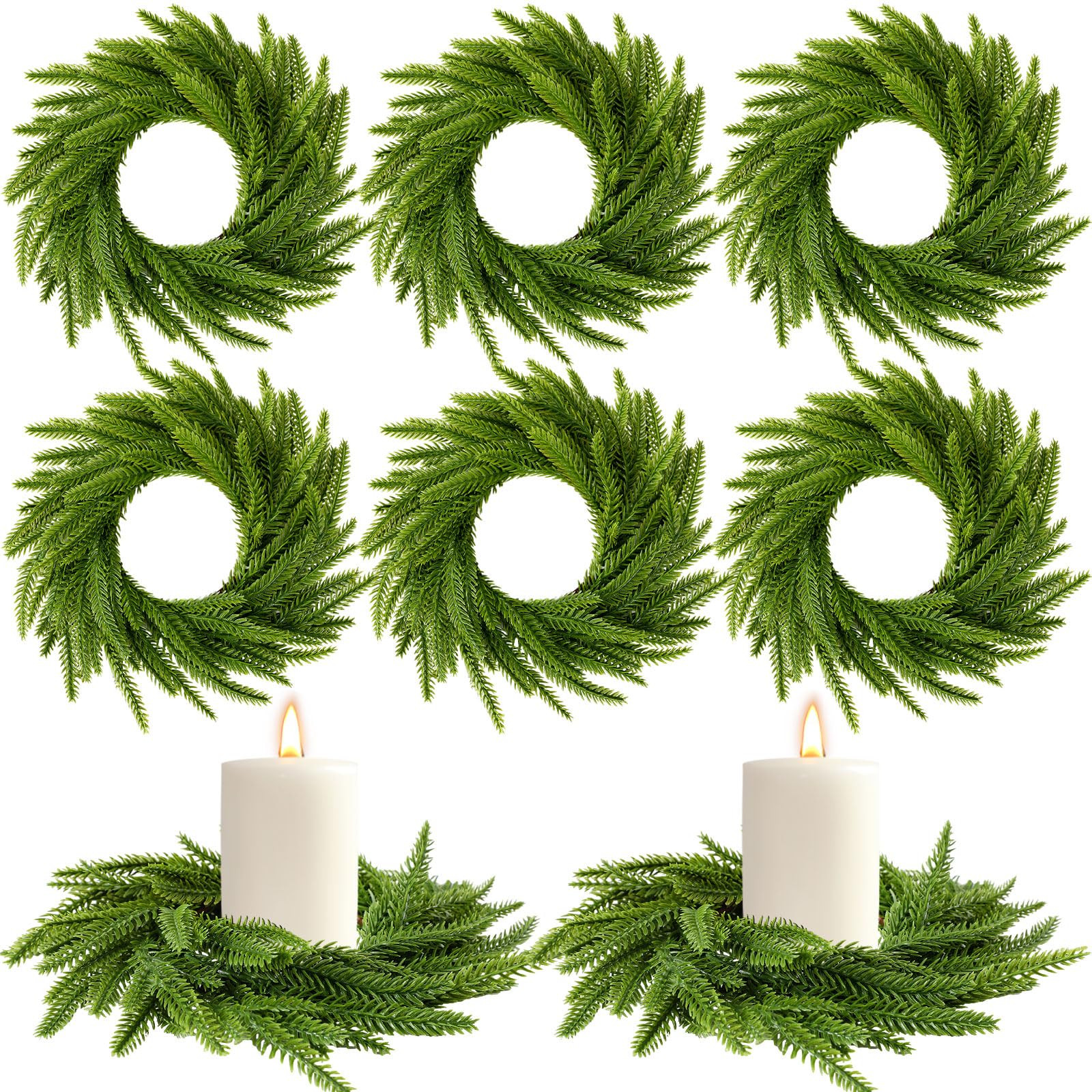 Dingion 6 Pcs Christmas Norfolk Pine Candle Ring Wreaths 6 Inch Small Christmas Wreath Garland Ar... | Amazon (US)