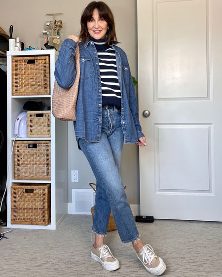 Casual spring outfit - Canadian tuxedo edition!
I’m 5’ 7” size 4:
Wearing my usual size S in the striped turtleneck sweater and men’s XL in the denim shirt.
Sized down one to 26 in these Agolde jeans cause all my other Agolde jeans have stretched out with wear and these are still a bit snug, I wish I had gotten my usual size.
Shoes are old from Target
Bag is Amazon 

#LTKstyletip #LTKFind #LTKitbag