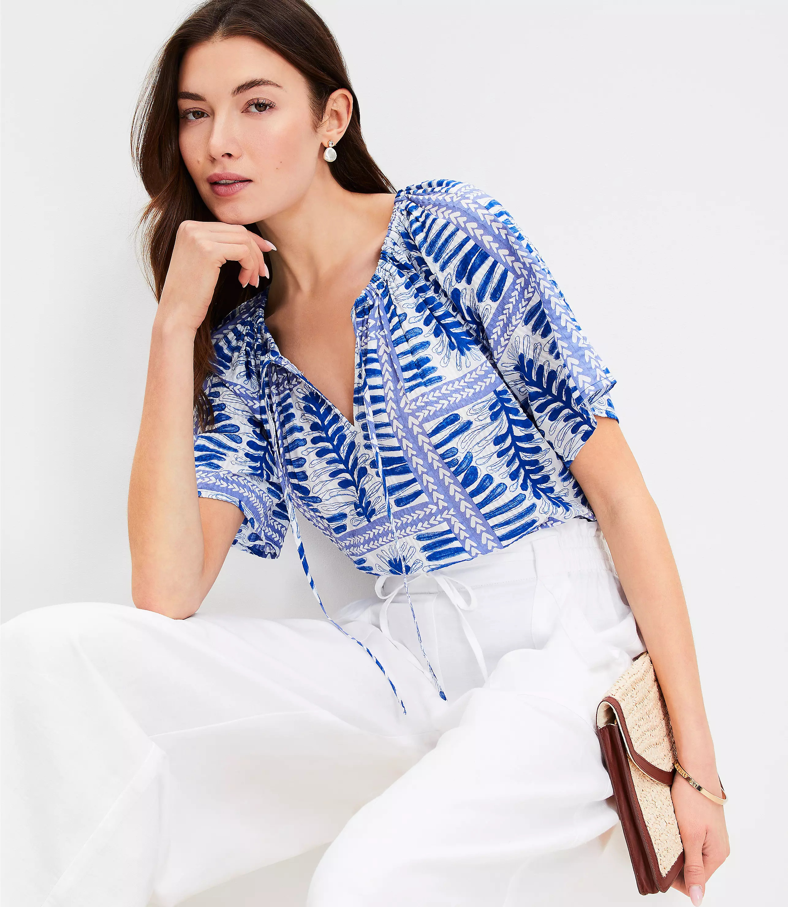 Fern Stripe Tasseled V-Neck Blouse | LOFT