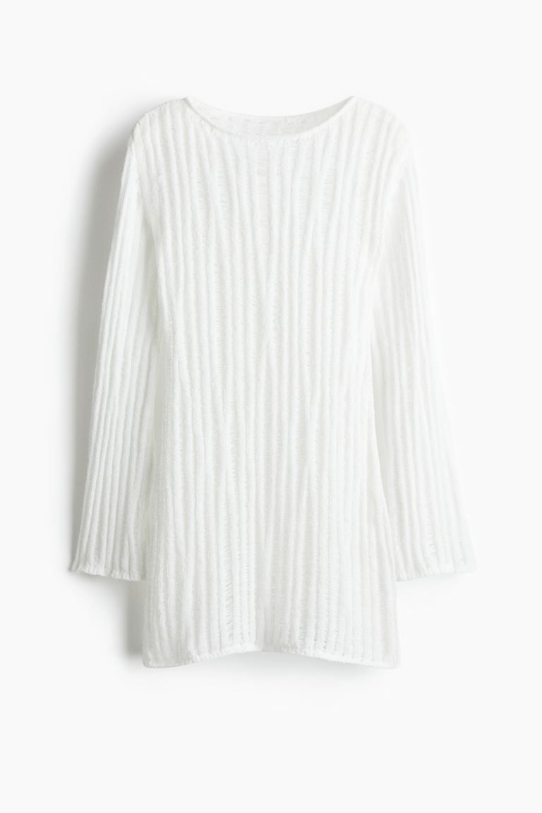 Ladder-stitch-look Knit Mini Dress - Round Neck - Long sleeve - White - Ladies | H&M US | H&M (US + CA)