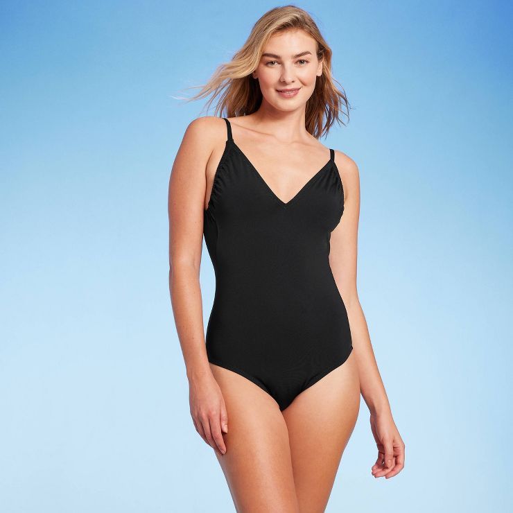 Women's V-Neck Shirred Medium Coverage One Piece Swimsuit - Kona Sol™ Black | Target