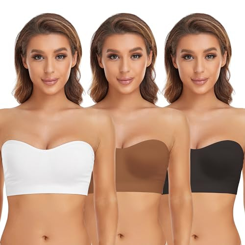 Lusait Strapless Bra for Women Non-Slip Silicone Padded Bandeau Bra Wireless Tube Top Bralette Black+White+Brown 3Pack S | Amazon (US)