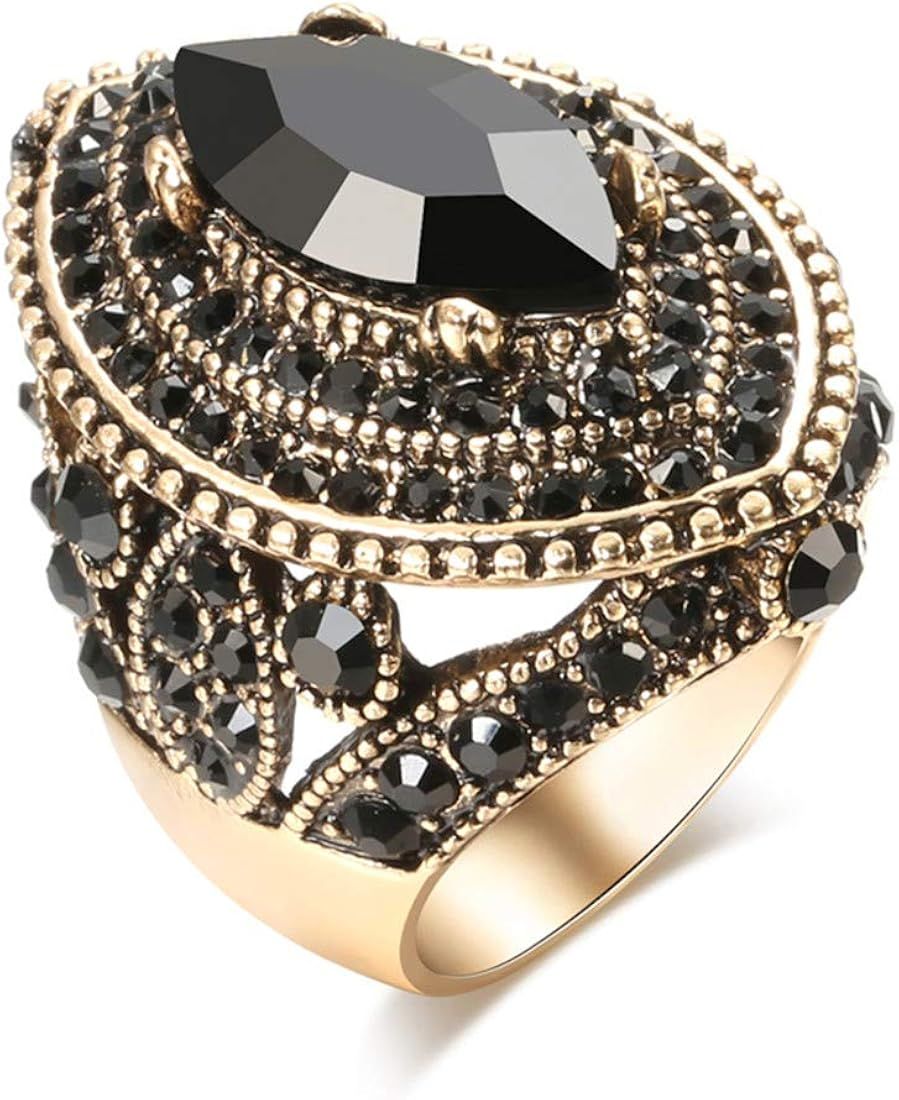 CKHAO Women Ring - 32mm Big Size Antique Gold Plated Turkish Style Black Gemstone Vintage Ring Wo... | Amazon (US)