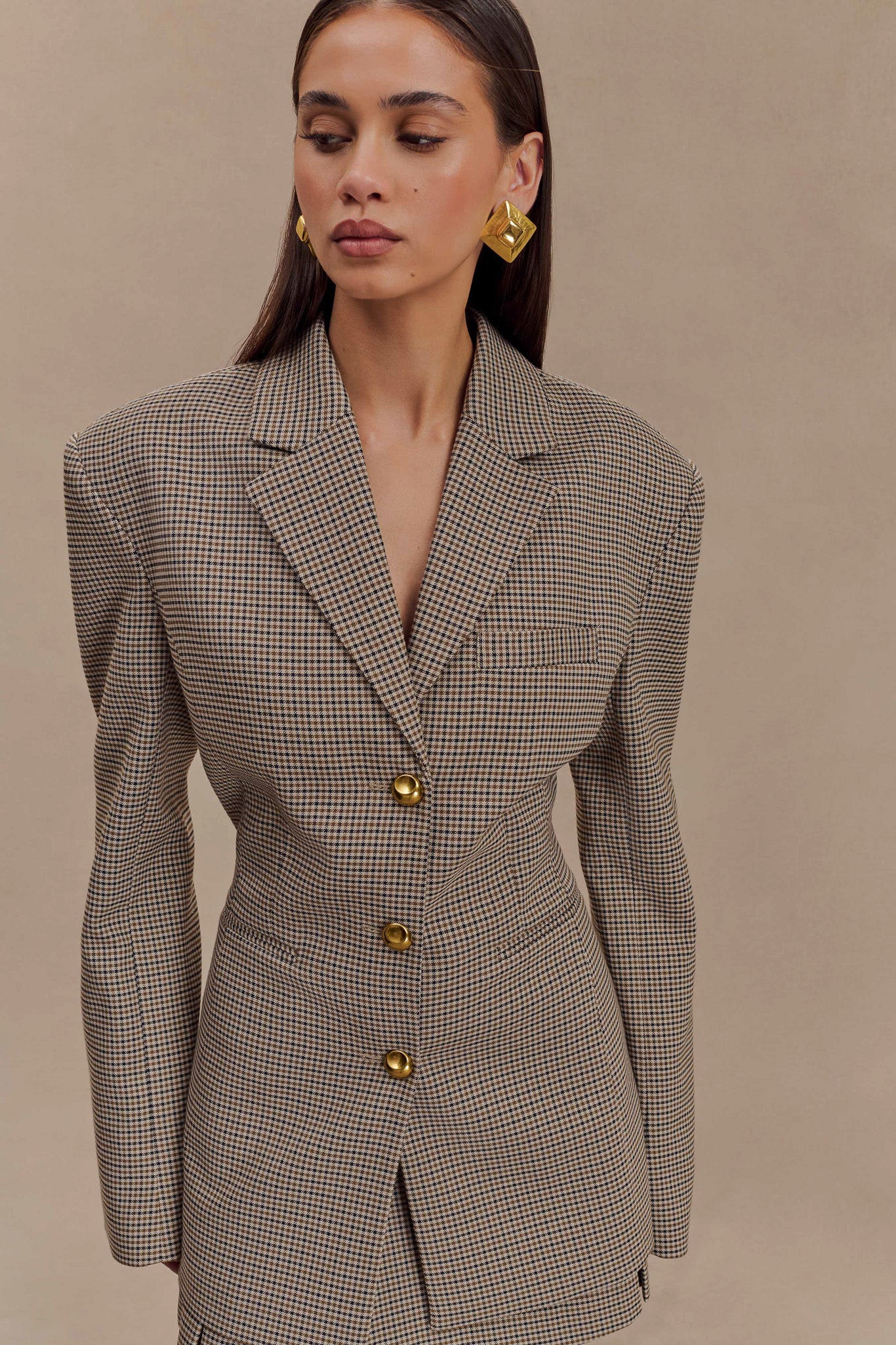 Mila Shaped Blazer - Tan Check | MESHKI US