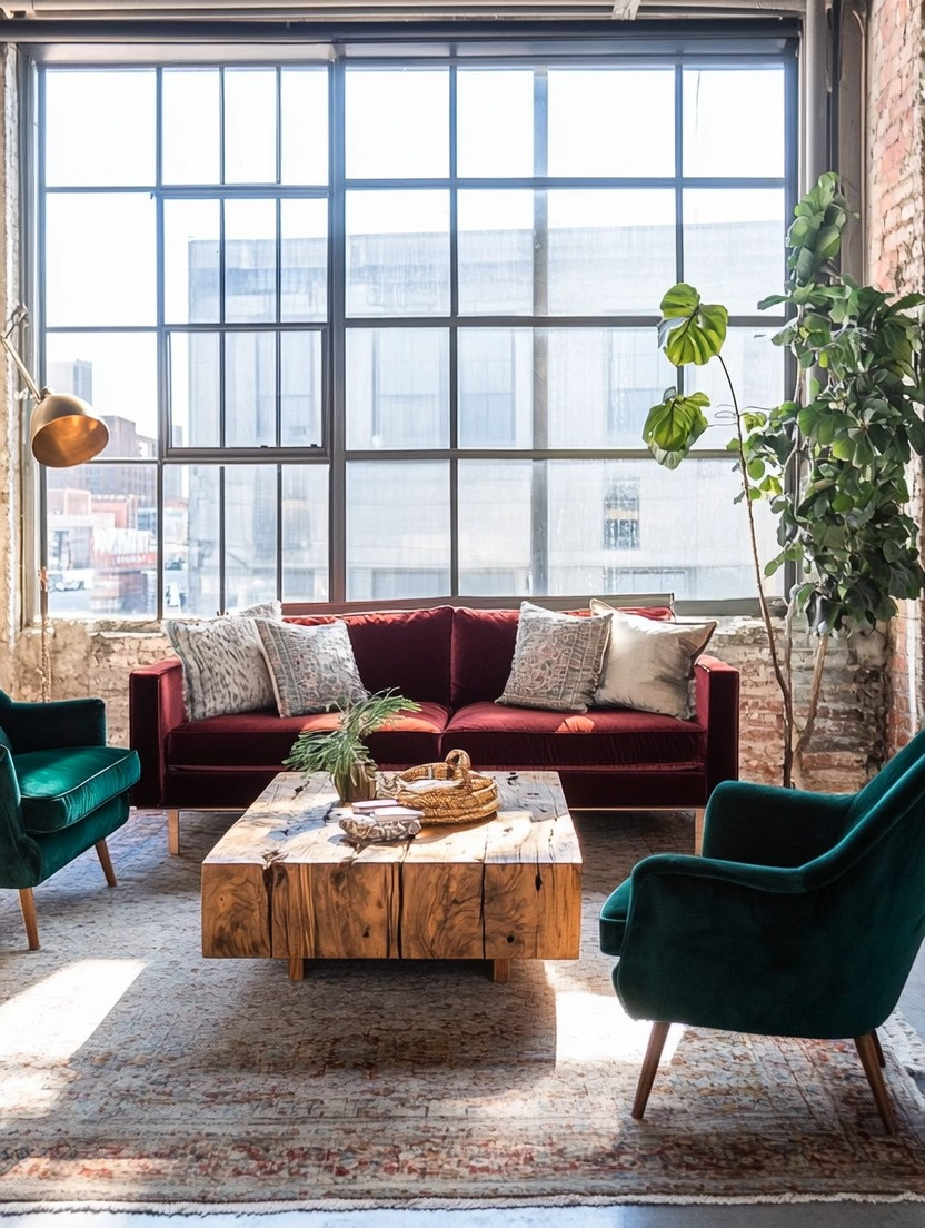 Create this rustic-glam loft look with bold velvet seating in rich burgundy and deep teal.

Start with a statement velvet sofa, add matching or complementary velvet chairs, and ground the space with an oversized solid wood coffee table. Layer in greenery with sculptural plants to soften the industrial windows and exposed textures.

During the day, the natural light highlights the contrast between wood, velvet, and brick — making the space feel refined and elevated.
At night, the same room transforms into something glamorous, cozy, and warmly inviting.

Bold color. Natural texture. Effortless elegance.

#LoftStyle #RusticGlam #VelvetSofa #StatementLivingRoom #MoodyInteriors #IndustrialChic #ElegantHome #IntentionalDesign 

 #LTKHome