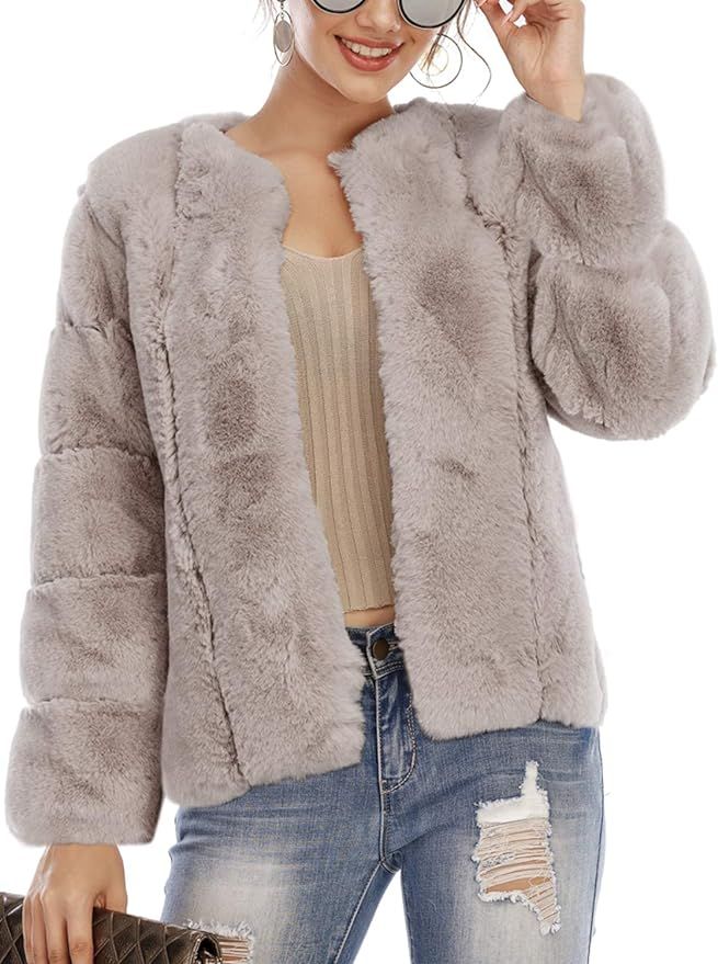 Simplee Women Luxury Winter Warm Fluffy Faux Fur Short Coat Jacket Parka Outwear | Amazon (US)