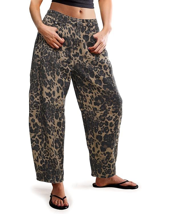 Women's Barrel Leopard Print Jeans Mid Rise Horseshoe Cropped Baggy Wide Leg Boyfriend Denim Pant... | Amazon (US)