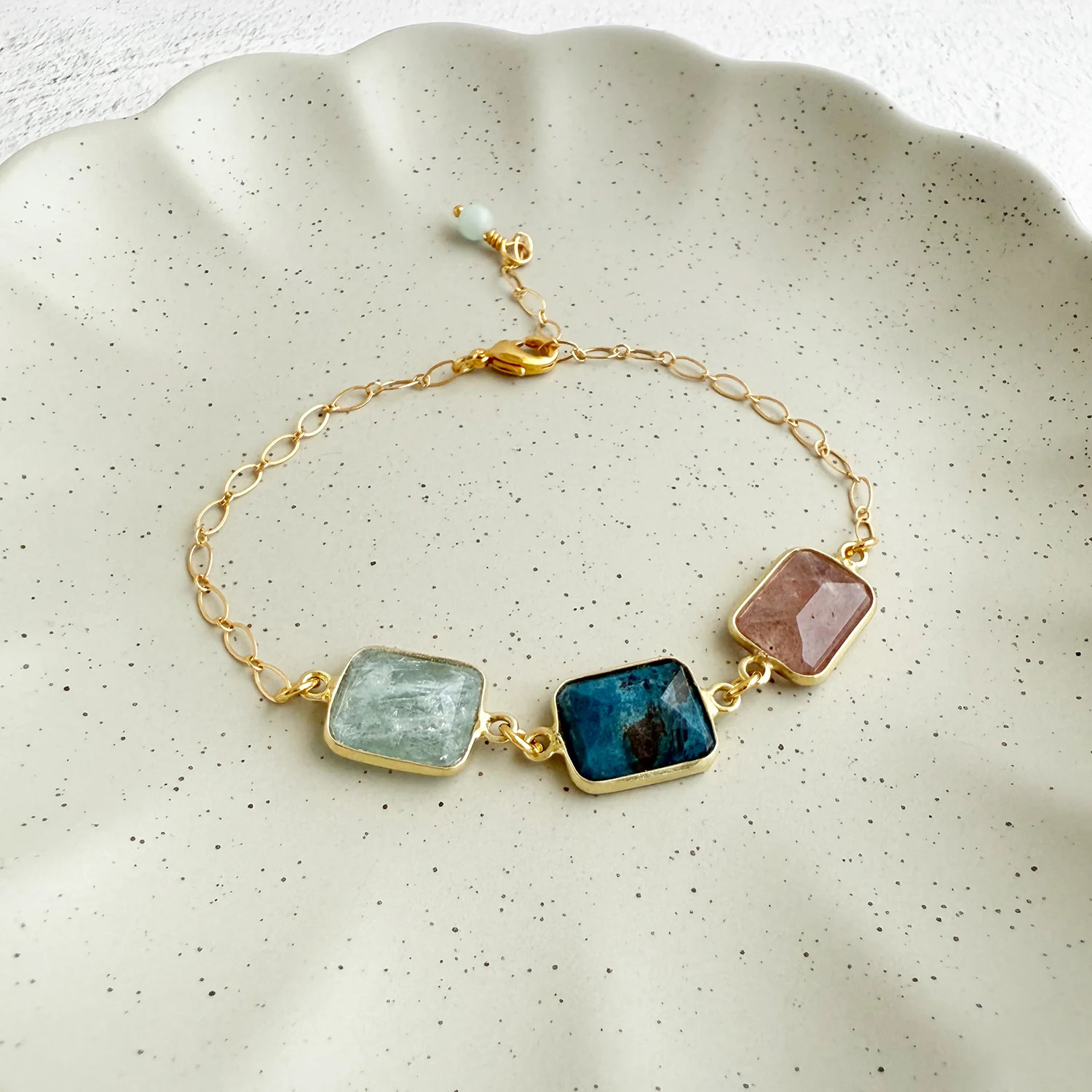 Triple Jewel Bracelet in Gold with Strawberry Quartz, Aquamarine and Ruby Zoisite | Rustic Gem Jewelry
