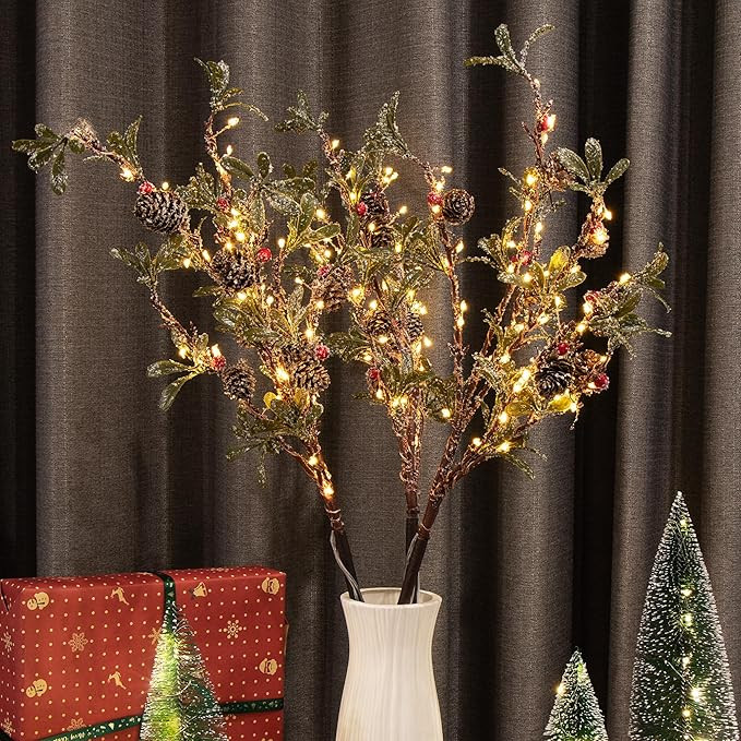 3 PCS Lighted Christmas Evergreen Sprig Branches Tree, Handmade Leaf Design with Snowflake Berrie... | Amazon (US)