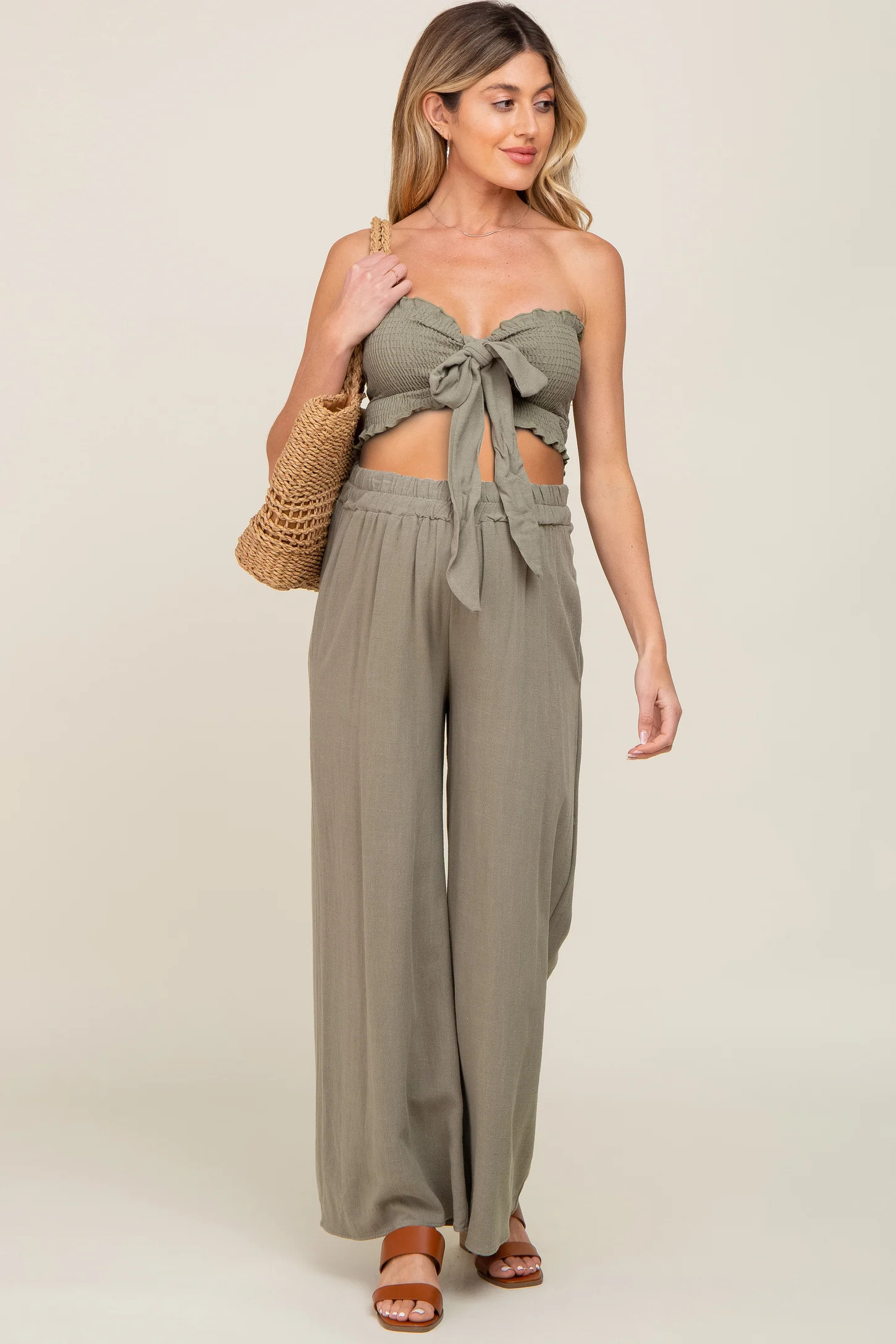 Olive Front Tie Crop Top and Pant Maternity Set | PinkBlush Maternity