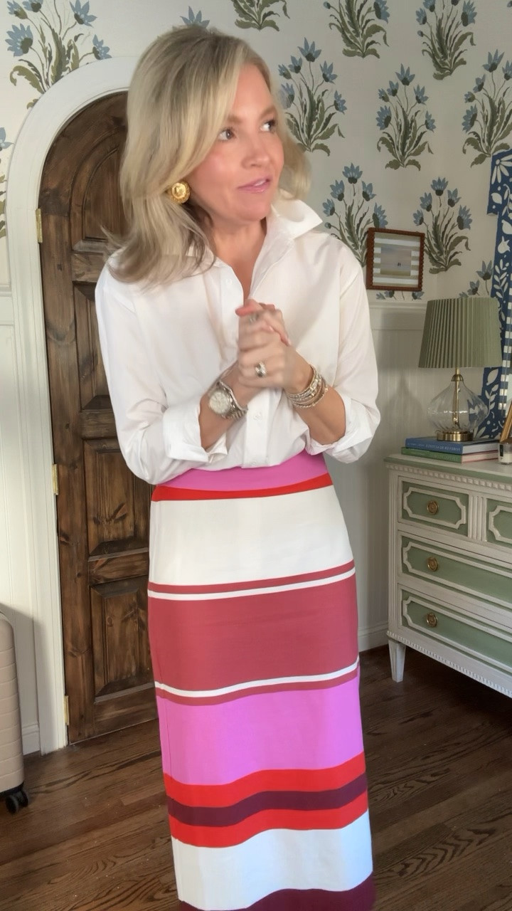 Wearing a size 2 Petite in the skirt and an XS/0 in the white button down. Linked a few other options as well!