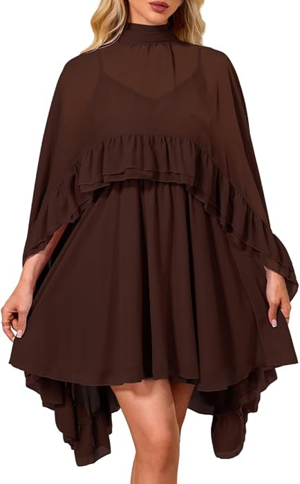 Kaei&Shi Women Chiffon Cape Ruffle Mini Dress Sheer Overlay | Amazon (US)