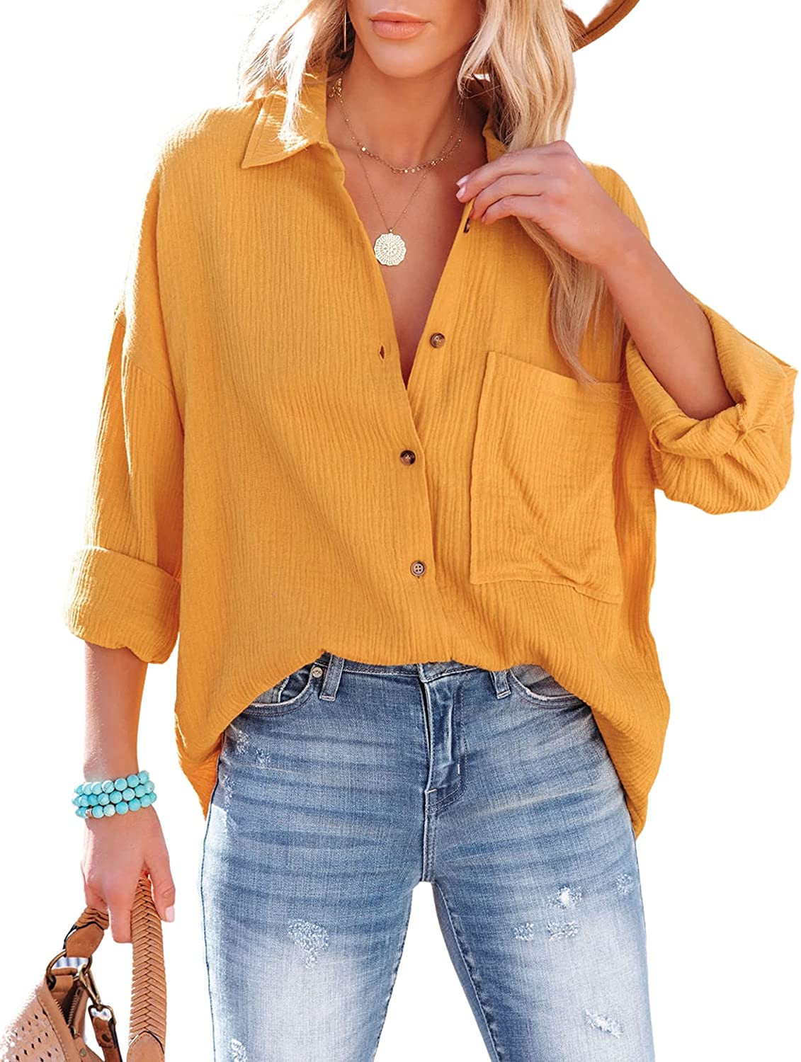 Esmeling Womens Casual Long-Sleeve Shirt Lapel Collar Button Down Blouses Loose Fit Tops | Amazon (US)