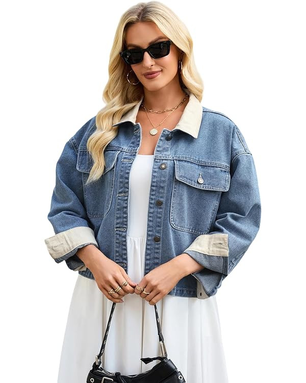 Women's Denim Jacket Cropped Oversized Jean Jackets Color Block Contrast Collar Jean Shacket Coat... | Amazon (US)