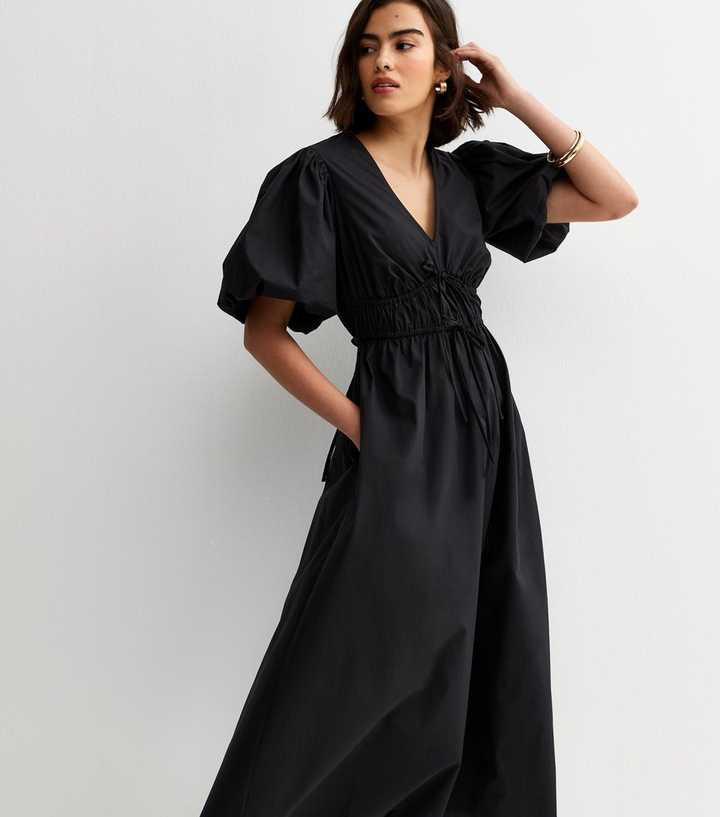 Black Cotton Puff Sleeve Midi Dress | New Look | New Look (UK)