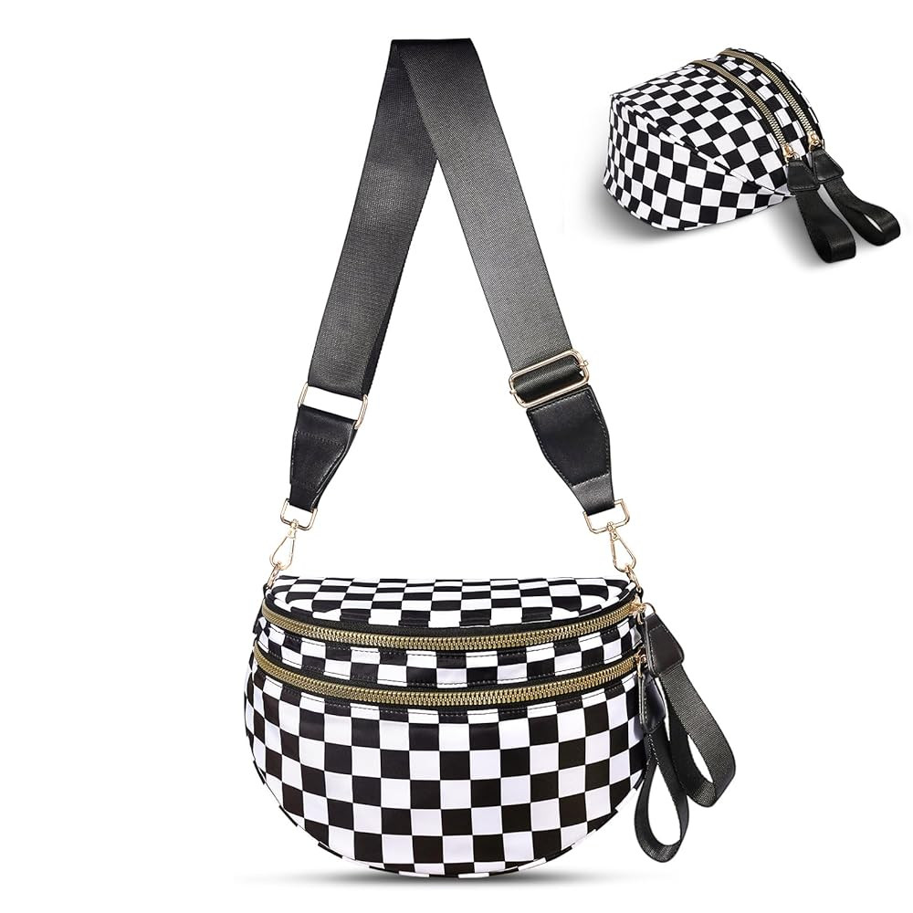 Checkered Crossbody Bag,Nylon Bum Bags for Women Crossbody,Spacious Sling Bag Purse Fanny Packs w... | Amazon (US)