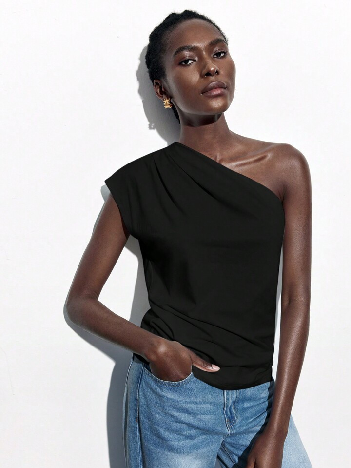 SHEIN Maija Women's Summer Solid Color One-Shoulder Batwing Short Sleeve Pleated Casual Top | SHEIN