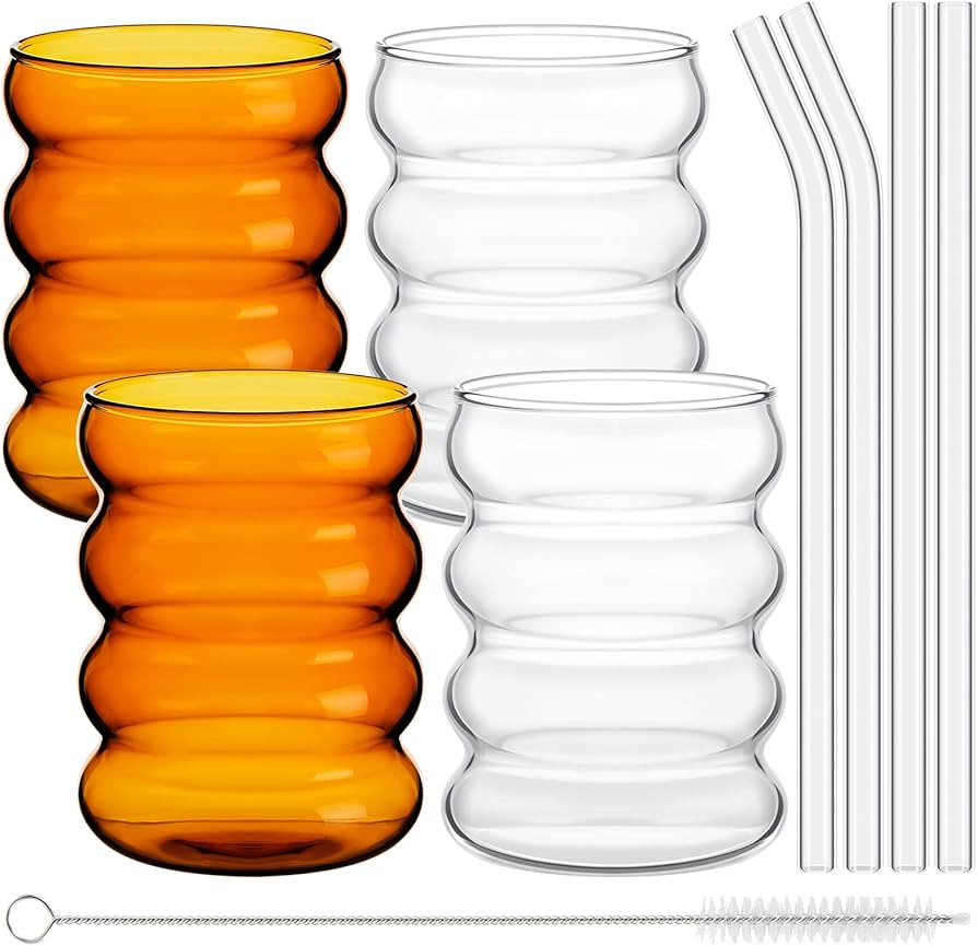 Tessco 4 Pcs Creative Glass Cups Vintage Drinking Glasses Ribbed Glassware Aesthetic Cups Entertainment Dinnerware Glassware with Straws Set for Kitchen Coffee Juice Beverage (Clear Brown,13.5 oz) | Amazon (US)