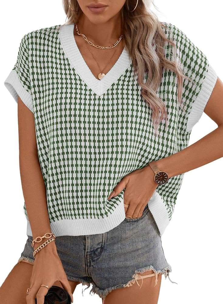 Dokotoo Womens Casual Summer Tops V Neck Short Sleeve Plaid Knit Vest Loose Fit Pullover Sweaters... | Amazon (US)