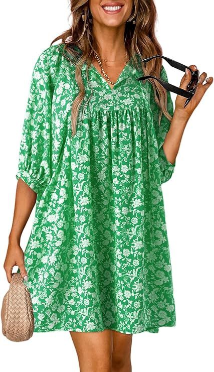 Dokotoo Womens Summer Casual Dresses Boho Floral Drawstring V Neck Chiffon Lantern Sleeve Beach M... | Amazon (US)