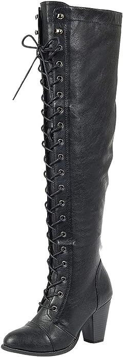 Forever Women's Chunky Heel Lace Up Over-The-Knee High Riding Boots | Amazon (US)