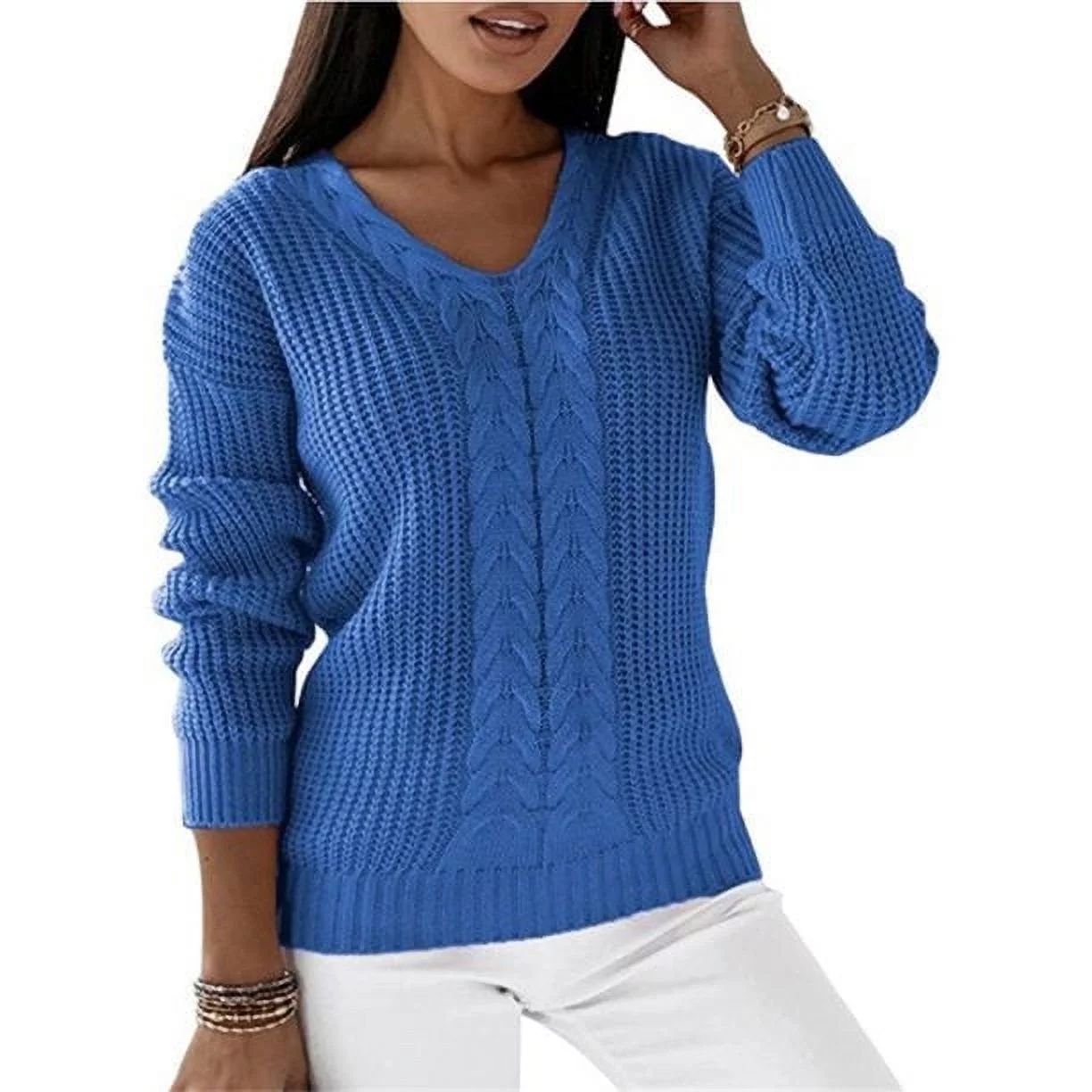 Capreze Winter Warm Sweater Jumper for Women Cable Knitted Tops Casual Long Sleeve V Neck Pullove... | Walmart (US)