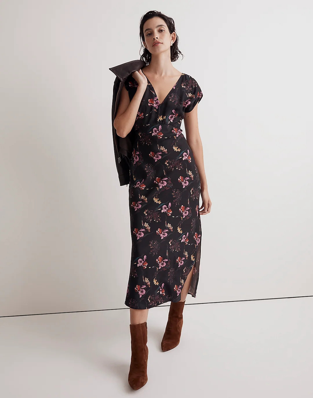 Wide V-Neck Midi Dress in Floral Cupro-Blend | Madewell
