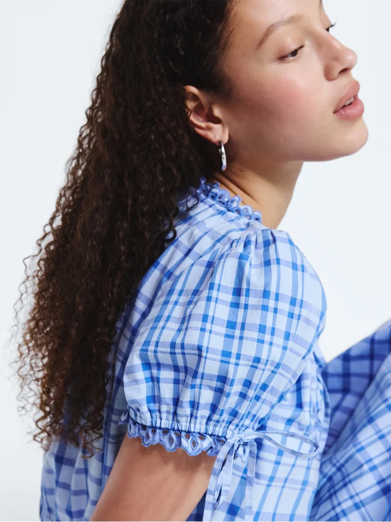 Free Assembly Women's and Women's Plus Embroidered Cropped Cotton Top with Short Sleeves, Sizes-X... | Walmart (US)