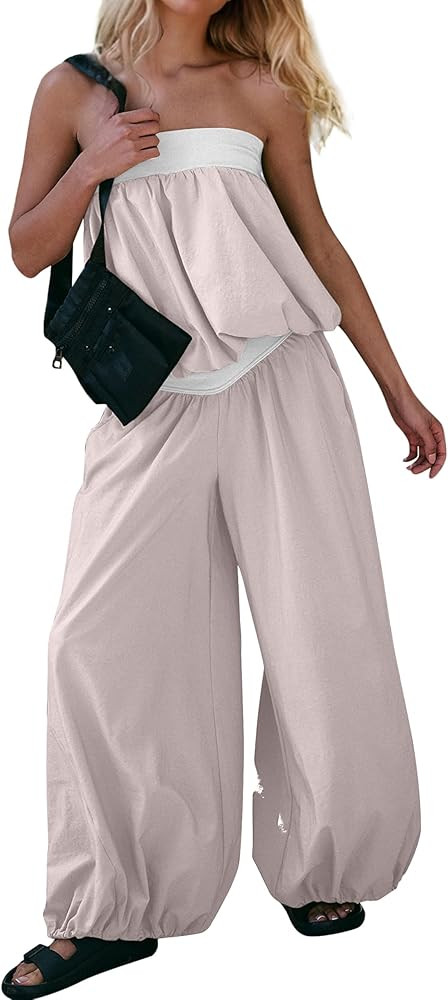 Women Summer 2 Piece Outfits Bubble Off Shoulder Strapless Tube Top Wide Leg Long Pants Lounge Se... | Amazon (US)