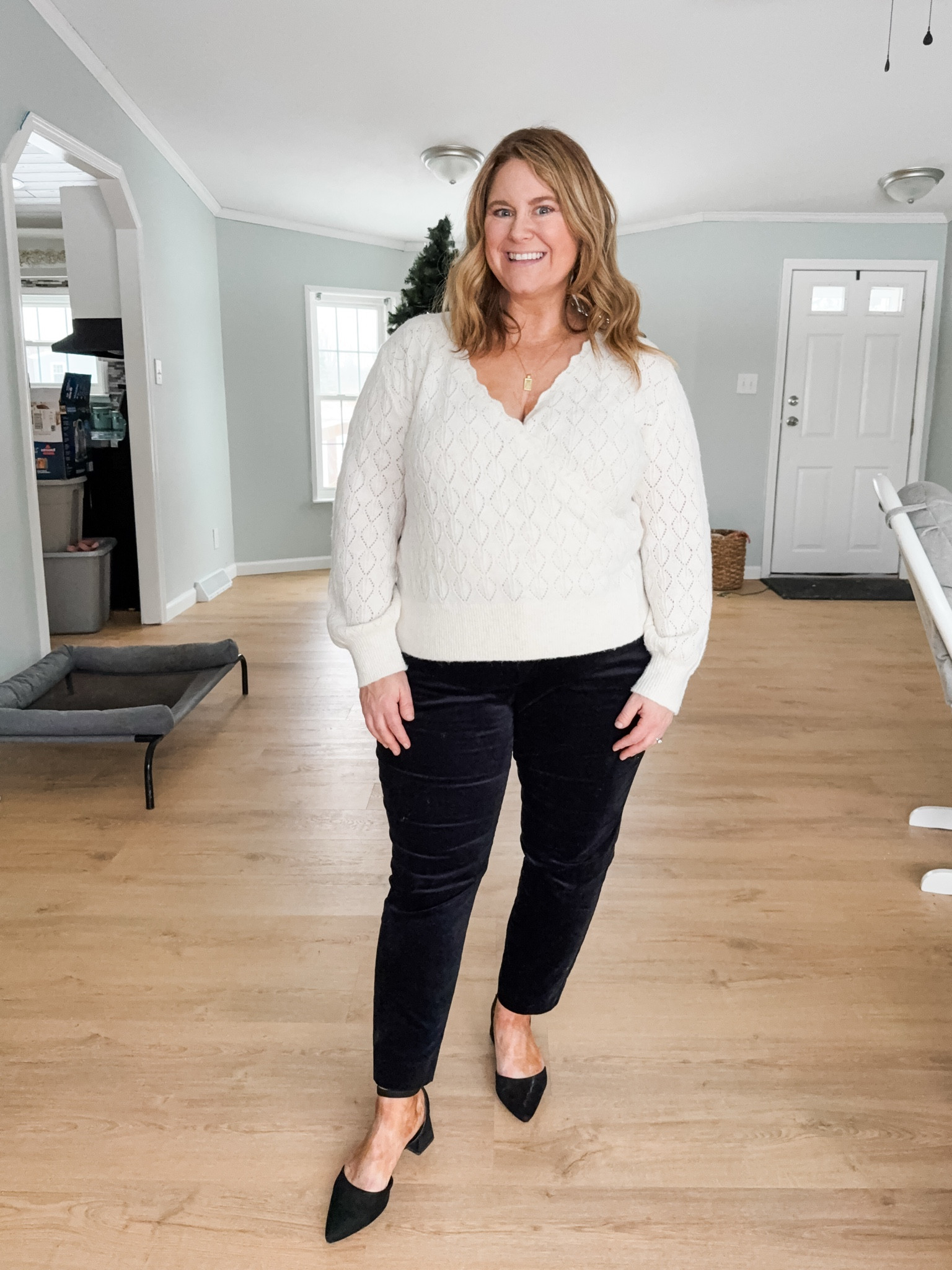 Wearing a large in my wrap sweater and a 16 petite in my pixie pants 

#LTKFindsUnder50 #LTKMidsize #LTKHoliday