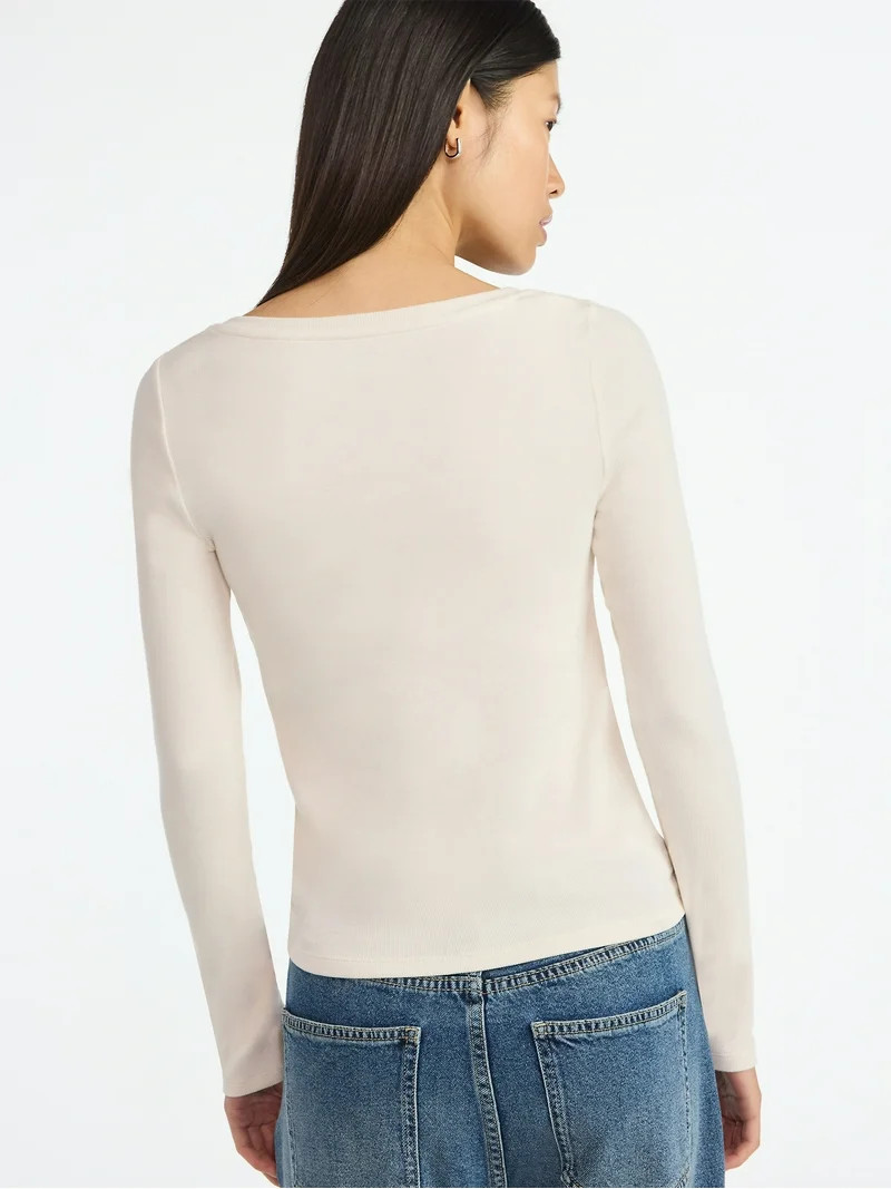 Scoop Women’s Ribbed V Neck Henley Top with Long Sleeves, Sizes XS-XXL | Walmart (US)