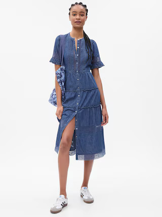 Gap × LoveShackFancy Denim Tiered Midi Dress with Washwell | Gap (US)