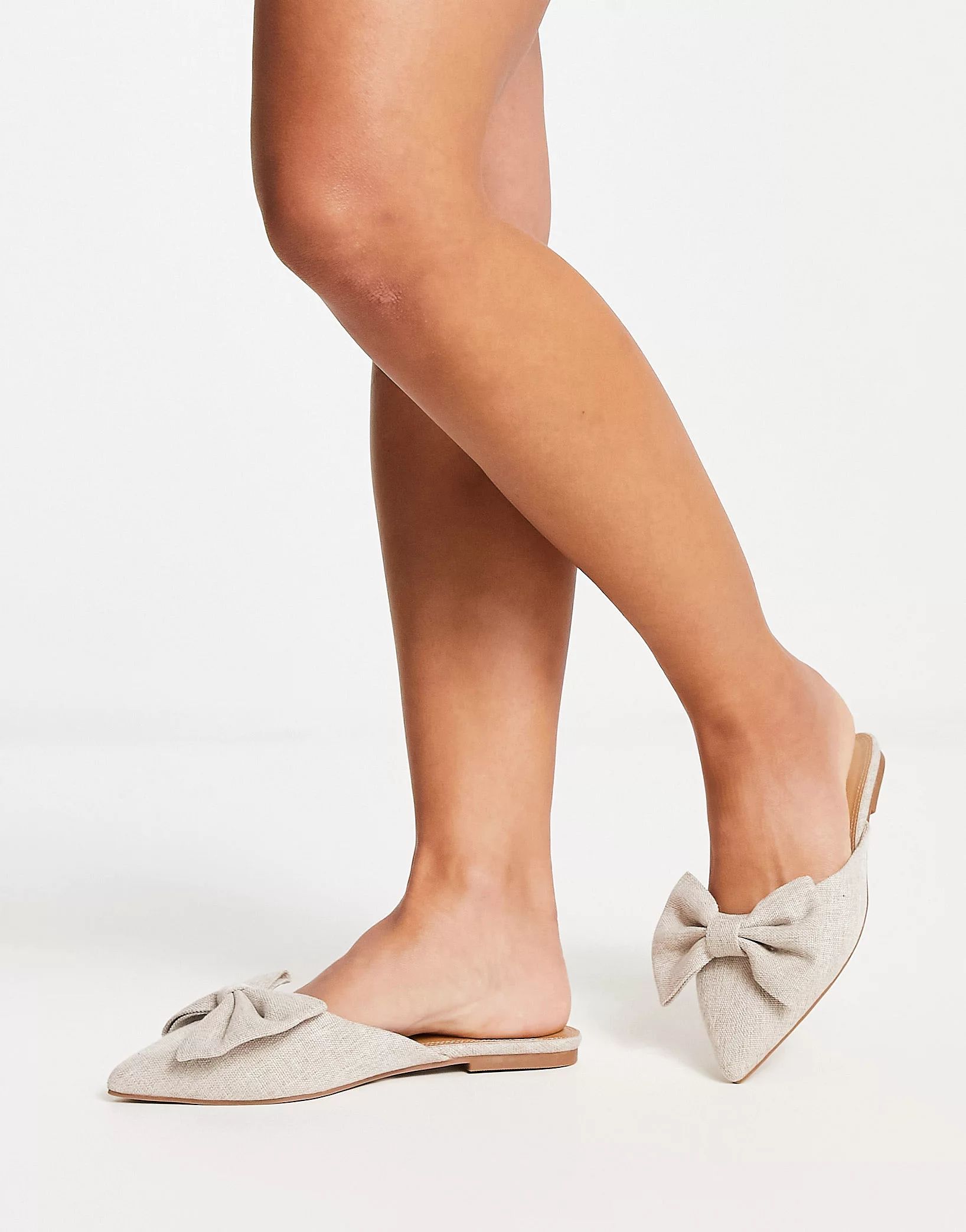 ASOS DESIGN Wide Fit Lass oversized bow pointed flat mules in natural fabrication | ASOS | ASOS (Global)