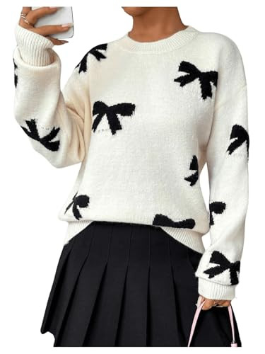 GORGLITTER Women's Bow Sweater Long Sleeve Crew Neck Vintage Y2k Knitted Sweater Apricot Large | Amazon (US)