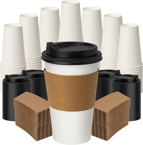 16 oz Coffee Cups with Lids and Sleeves 100 Pack,White Leak-Proof Disposable Coffee Cups for Hot/... | Amazon (US)
