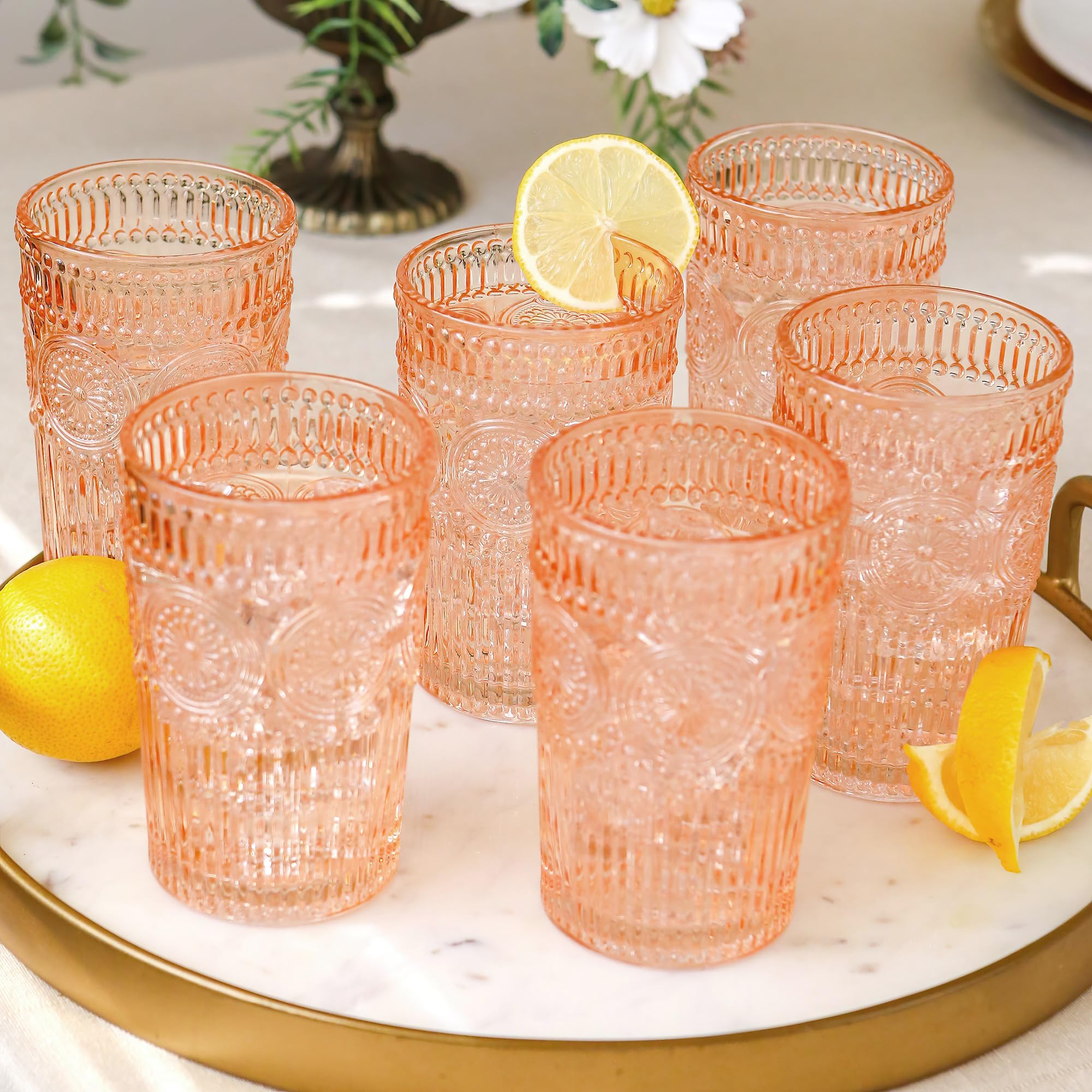 Vintage Textured Rose Gold Striped Drinking Glasses Set of 6, (13 oz) Ribbed Glassware Set | Cock... | Amazon (US)