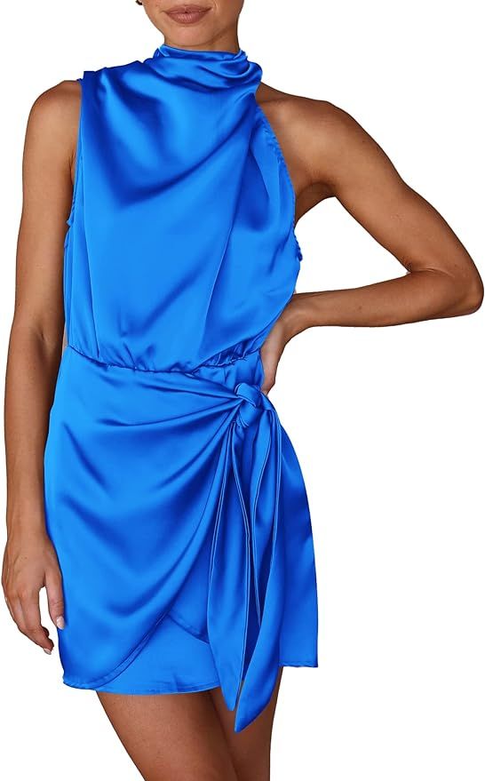 PRETTYGARDEN Women's Short Formal Satin Dress Summer Sleeveless Mock Neck Tie Waist Cocktail Part... | Amazon (US)