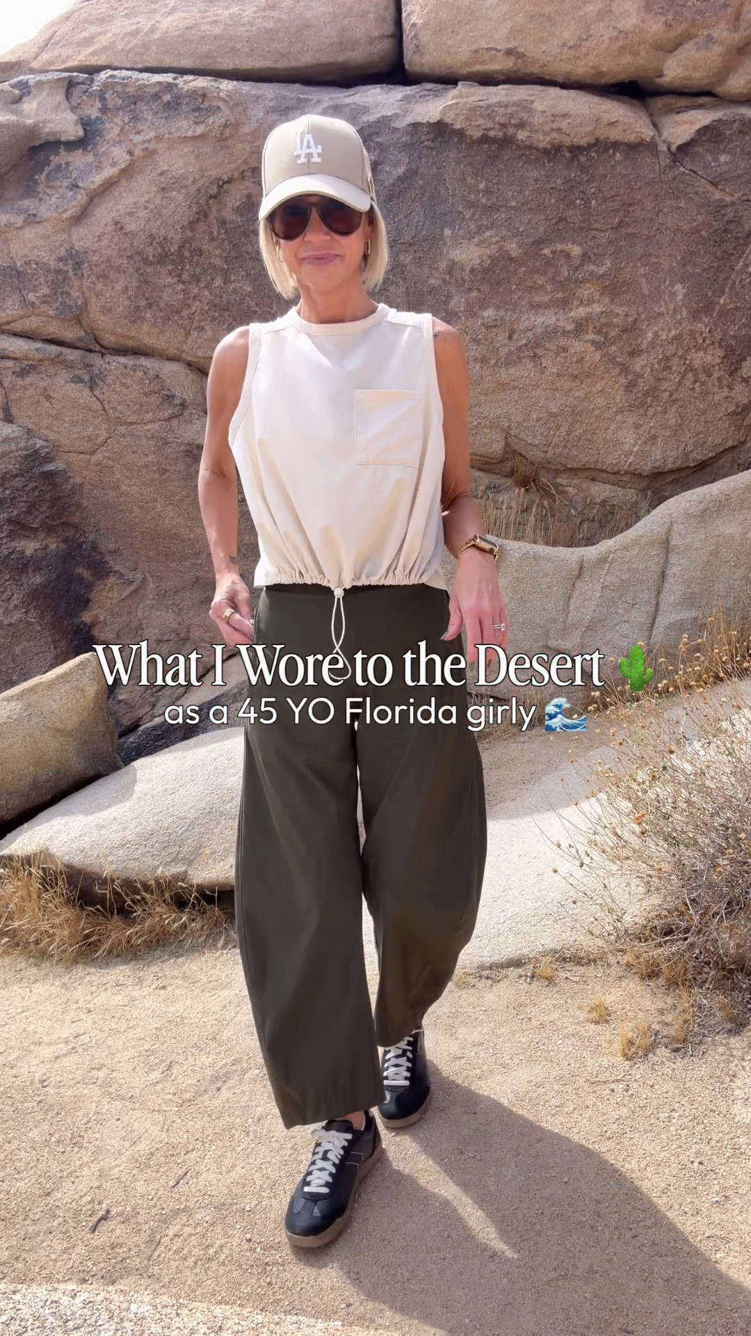 These barrel leg pants are unbelievable comfortable and ridiculously cute! Easily dressed up or down as shown. They’re lightweight and breezy while still looking effortlessly structured. They fit tts I’m wearing a small. 

My tank is old from Old Navy but I’ll link some similar options. 

LA Hat from Amazon 
Sunglasses are Rayban
Sneakers are Dr. Scholl’s