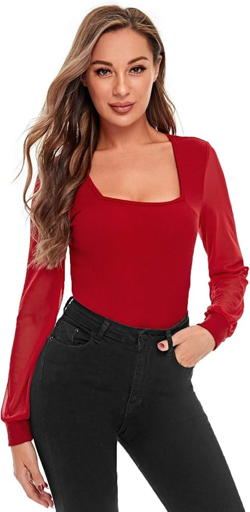Romwe Women's Elegant Square Neck Mesh Long Sleeve Ribbed Knit Bodysuit Tops | Amazon (US)