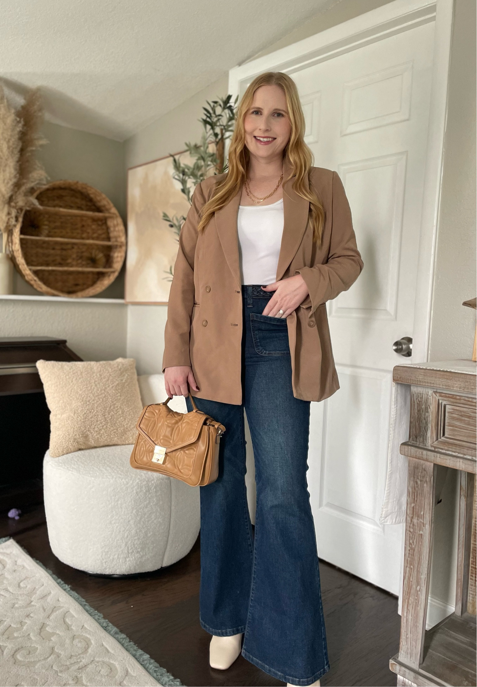 Fall Outfits 
Fall fashion
Fall outfit ideas 
Walmart outfit idea
Walmart fashion
Affordable by Amanda wears a brown double breasted blazer with a white tank top and dark wash denim flare jeans from celebrity pink at Walmart for a cute casual fall outfit idea 

#LTKmidsize #LTKfindsunder50 #LTKSeasonal