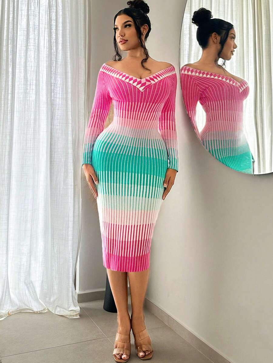 SHEIN SXY Autumn Women's Gradient One-Shoulder Tight Dress Fall Clothes Women | SHEIN