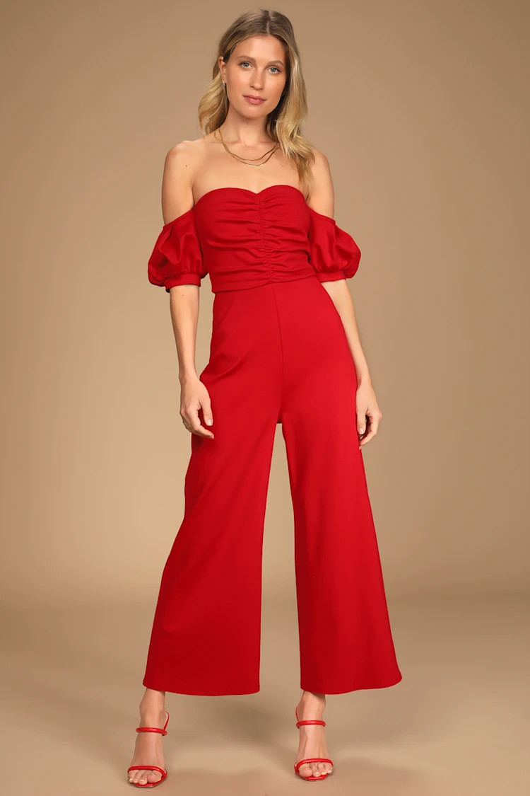 Impress Release Red Off-the-Shoulder Puff Sleeve Jumpsuit | Lulus (US)