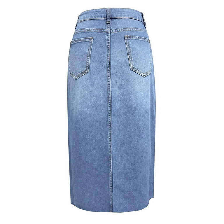 Mohiass Jean Skirt for Women Denim Skirt with Pockets Mid Waist Stretchy Long Split Skirts Light ... | Walmart (US)