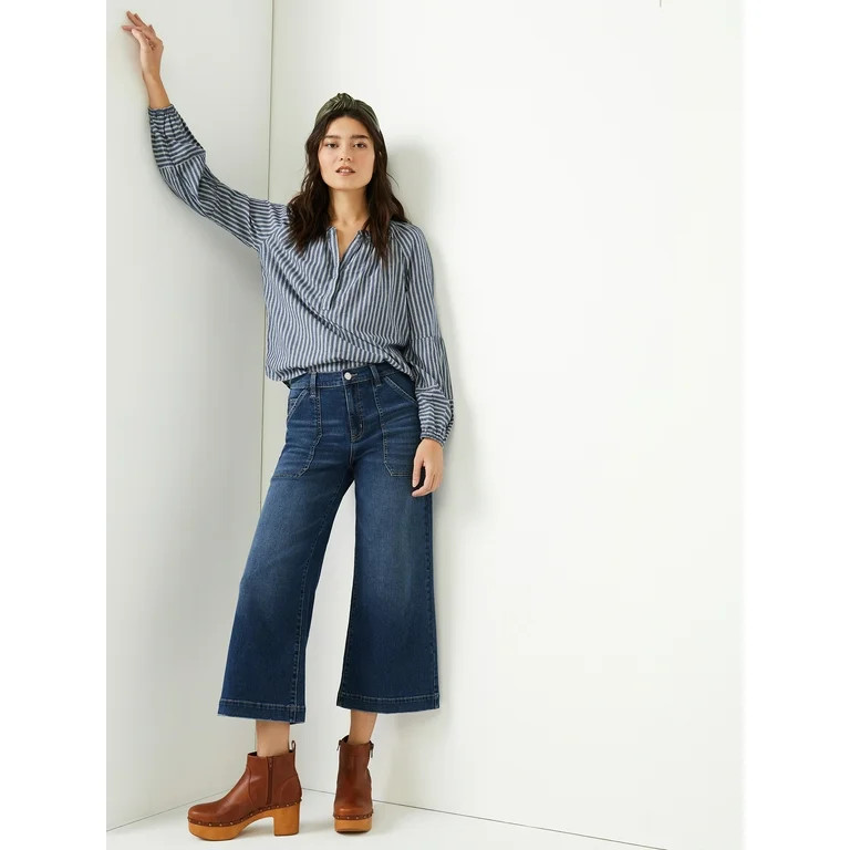 Time and Tru Women's High Rise Wide Leg Crop Utility Jeans, 26.5" Inseam, Sizes 2-20 | Walmart (US)